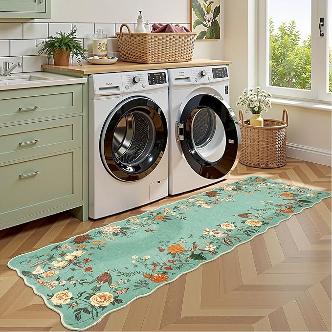 Rugflix 2x6 Runner Rug for Hallway, Washable Kitchen Runner Non Slip, Soft Low Pile Entryway Carpet, Vintage Floral Stain Resistant Long Laundry Room Rugs for Bedroom, Stairs