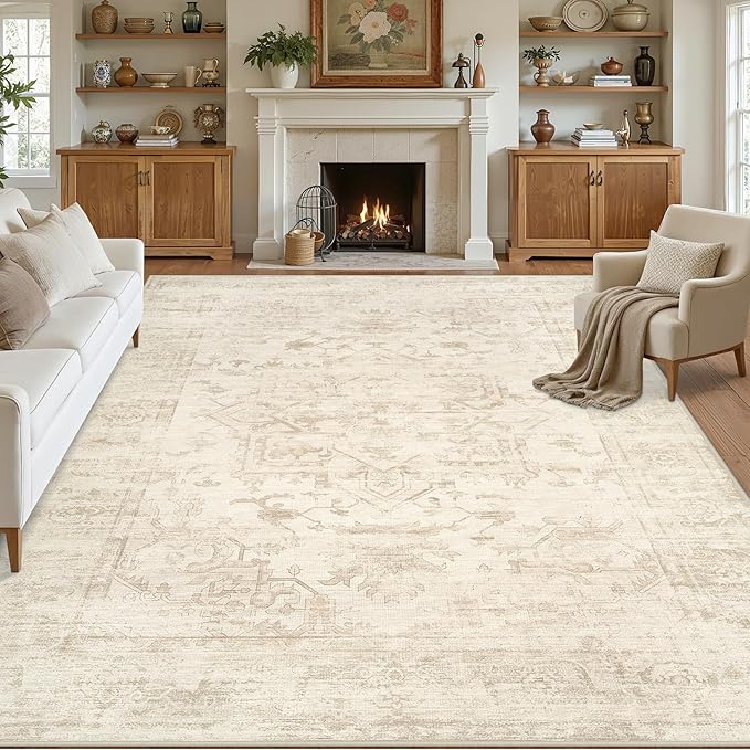 Area Rugs 9x12 Living Room: Vintage Boho Neutral Washable Rug Indoor Soft Large Area Rug Carpet for Bedroom Nursery Farmhouse Dining Room Office Floor Non-Slip Low Pile Under Table Rug Beige/Brown