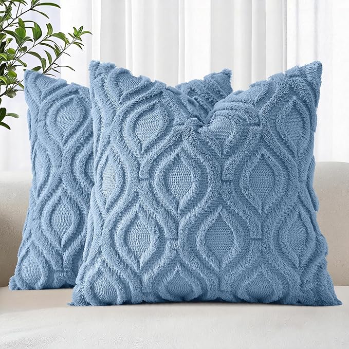 decorUhome Throw Pillow Covers 22x22 Inch Set of 2, Soft Plush Faux Wool Blue Solid Couch Pillow Covers, Accent Euro Sham Farmhouse Neutral Square Pillow Cases for Sofa Bed Living Room