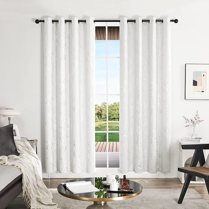 Deconovo Room Darkening Curtains, White Curtain, Thermal Insulated & Noise Reducing Drapes, Silver Branch Pattern, 52 x 95 Inch Long, Grommet Panels for Bedroom Living Room Office Nursery, Set of 2