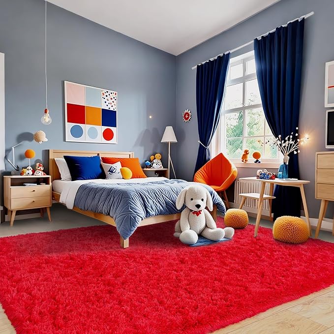 Pionblank 8x10 Rug for Living Room, Fuzzy Plush Large Area Rug, Fluffy Modern Shag Non Slip Soft Furry Carpet for Bedroom Kids Room Nursery Teens Dorm Home Decor, Red