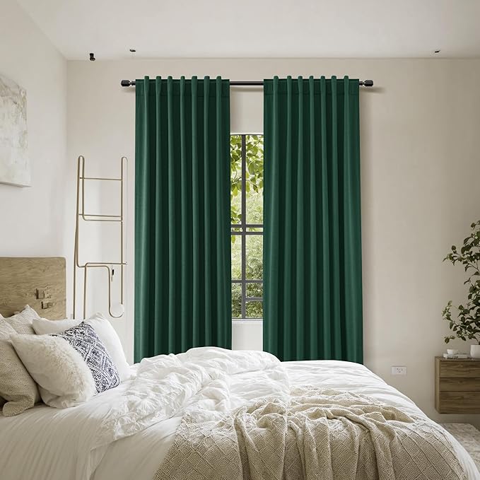 Guken Dark Green 100% Blackout Linen Curtains 84 Inch Length 2 Panels Set for Living Room Back Tab Thermal Insulated Black Out Drapes Room Darkening Farmhouse Style for Bedroom Curtains 52x84