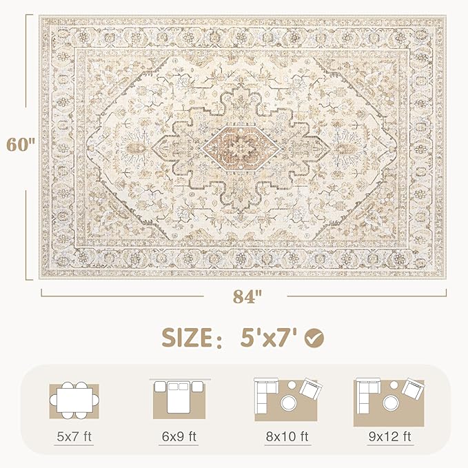Area Rugs 5x7 Vintage Rug: Washable Living Room Rug Retro Medallion Distressed Large Soft Low Pile Non-Slip Indoor Floor Carpet for Bedroom Kitchen Nursery Dining Table Office (BeigeBrown, 5'x7')