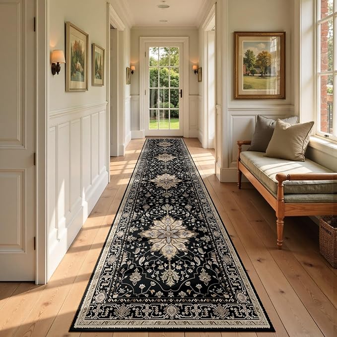 Area Rugs 2'6''x12' Runner Rug Non Slip Washable for Kitchen Hallway Bedroom Beside Laundry Room Bathroom Rug, Floor Carpet, Black Brown Neutral Dark Tan