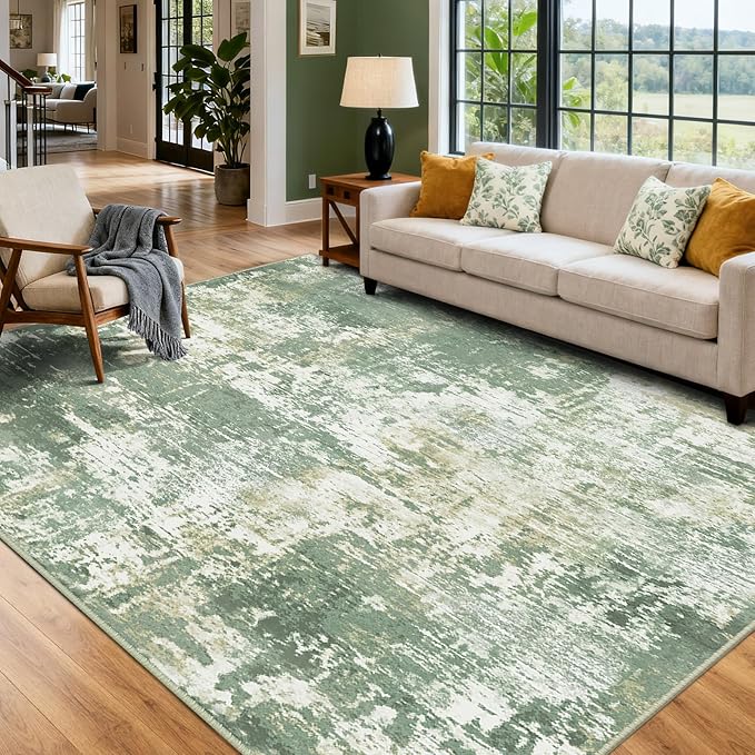 Washable Area Rugs 6'x8' Non-Slip Modern Abstract Soft for Living Room Entryway Bedroom Nursery, Print Pattern, Light Green/Yellow