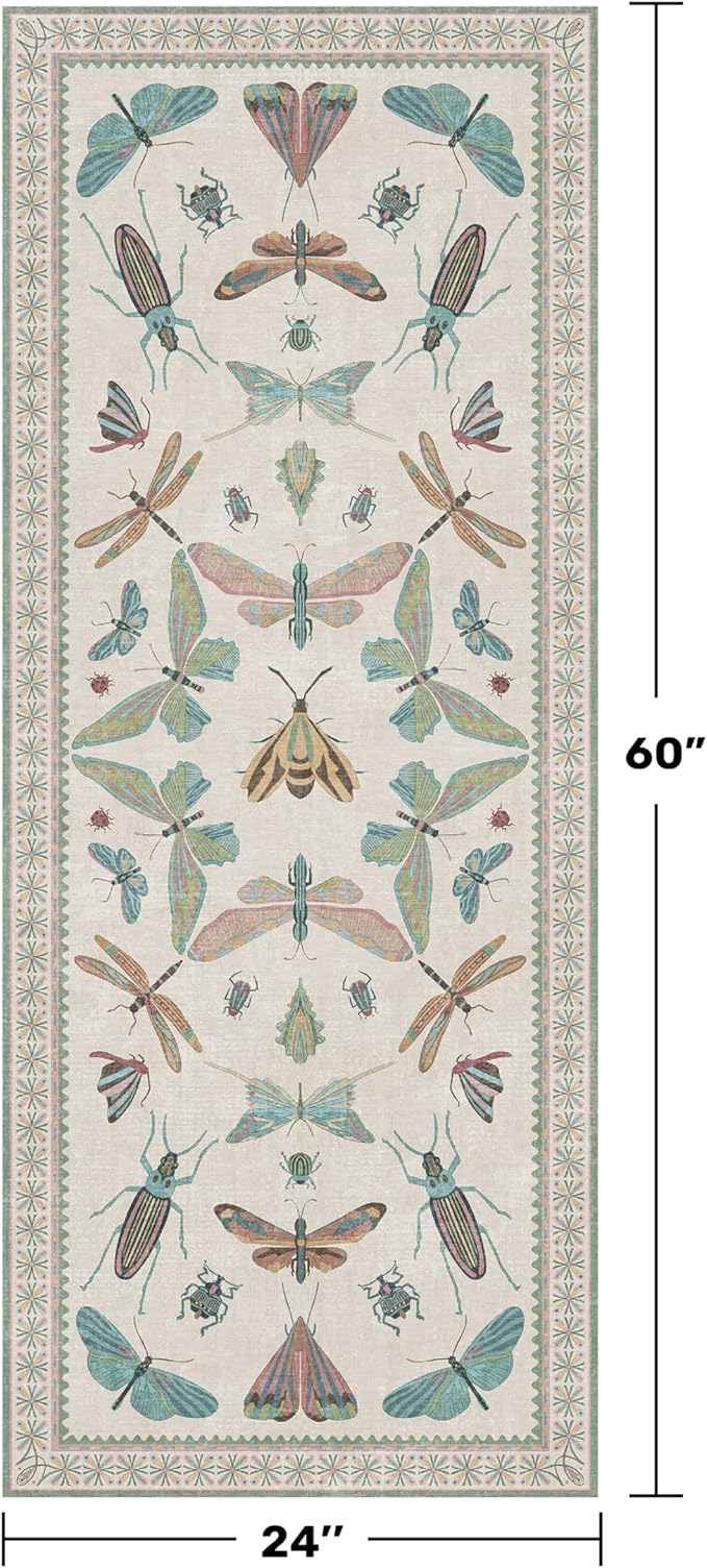Hazo Haus Washable Non Slip Bathroom Runner Rug 2x5, Insect Boho Bath Mat, Stain Resistant Low Pile Butterfly Insect Print Rugs for Laundry Room, Powder Room, Beige Green