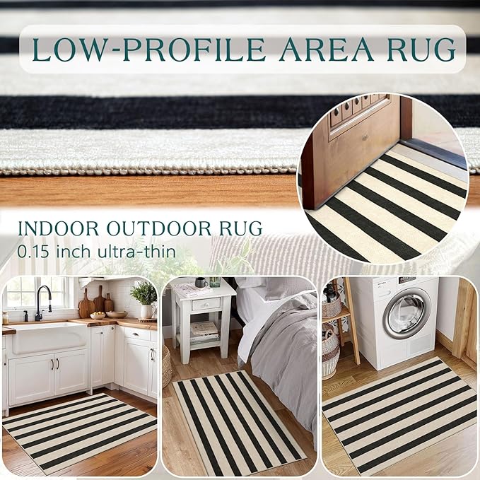 Black and White Striped Outdoor Rug - 2x3 Non-Slip Front Door Mat Outside Entrance Washable Doormat Indoor Outdoor Entry Rug Small Layered Rugs for Entryway Kitchen Front Porch Decor