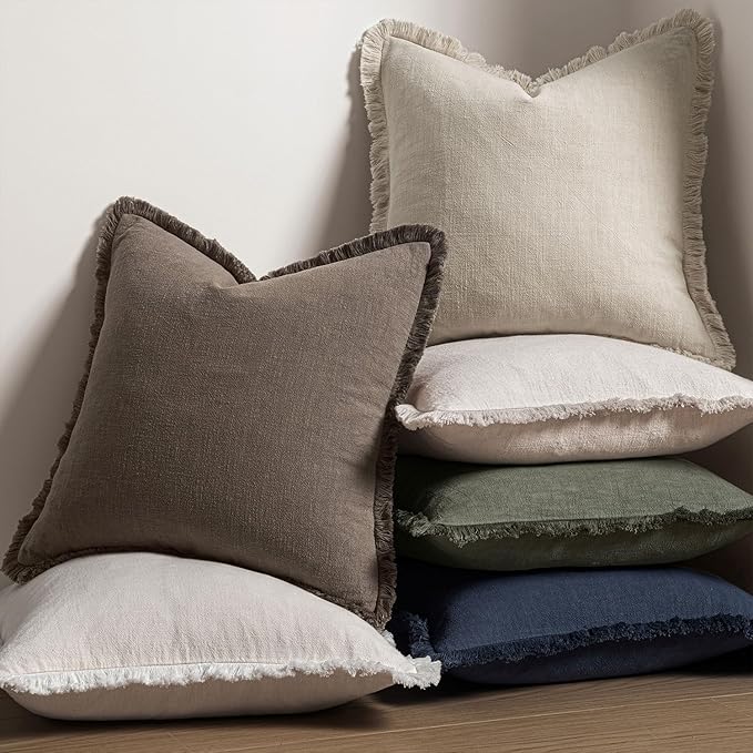 MIULEE Decorative Throw Pillow Covers Neutral Linen Fringe Throw Pillows Euro Shams Set of 2 Natural Coffee Boho Farmhouse Cushion Covers for Couch Sofa Bed Living Room Spring Home Decor 26x26 Inch