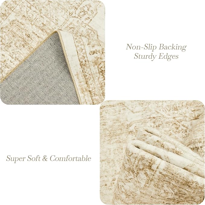 Washable Area Rug 9x12, Large Soft Rugs for Living Room Vintage Beige Rug 9x12 Area Rugs for Bedroom Dining Room Floral Non-Slip Thin Rug
