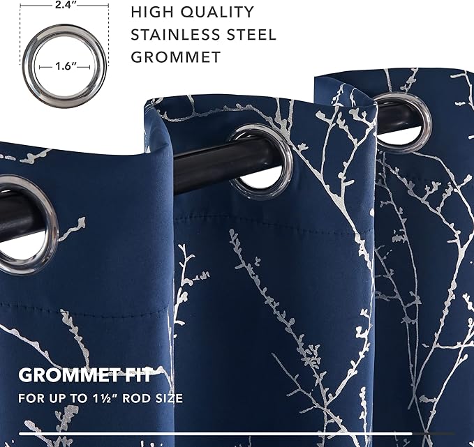 Deconovo Navy Blue Blackout Curtains, Living Room Curtain, Thermal Insulated Soundproof Drapes, Branch Silver Print, 52 x 84 Inch Long, Grommet Panels for Bedroom Office Nursery Home Decor, Set of 2