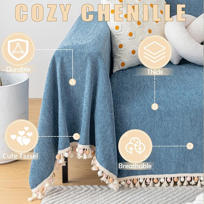 HANDONTIME Couch Slipcover Dog Sofa Covers Boho Couch Cover for Dogs Blue Sofa Throw Cover Bohemian Sofa Covers for 3 Cushion Couch Herringbone Sectional Couch Cover Slipcovers for Sofas, 91" X150"