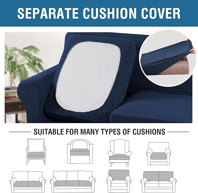 H.VERSAILTEX 3 Piece Stretch Sofa Covers for 2 Cushion Loveseat Couch Covers for Living Room Sofa Slipcovers (Base Cover Plus 2 Seat Cushion Covers) Thicker Jacquard Fabric(Medium Sofa, Navy)