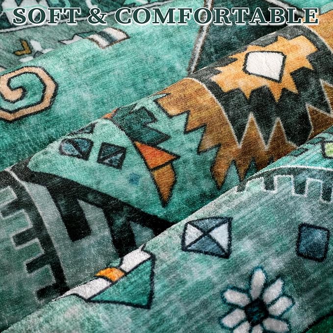 SERISSA Boho Round Area Rug, 4ft Washable Non-Slip Circle Rug, Ultra Soft Oriental Vintage Teal Low-Pile Small Circular Carpet for Bedroom Entryway Kids Room Office College Dorm Living Room
