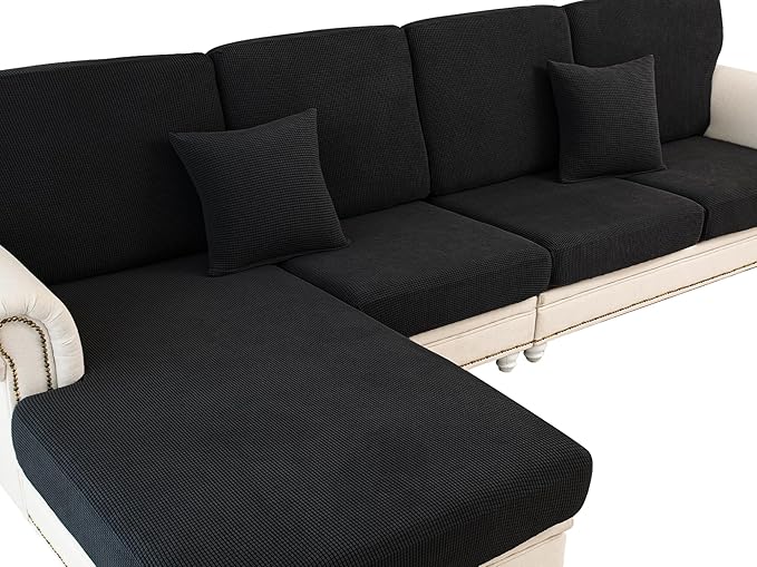 Couch Cushion Cover Chaise Lounge Cover Washable Separate Seat Chaise Couch Cover Stretch Sectional Sofa Slipcover(1 Piece for Chaise or Sofa 3-Seater, Black)