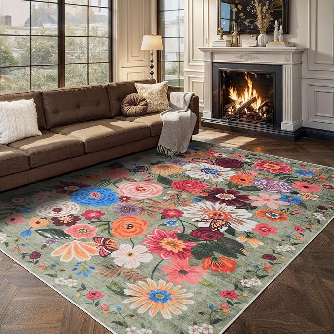 Green Area Rugs 9x12 Living Room Washable Rug Non Slip Floral Low Pile Large Rug for Living Room, Bedroom, Farmhouse, Dining Room, Kids Playroom(9 x 12, Green Garden)