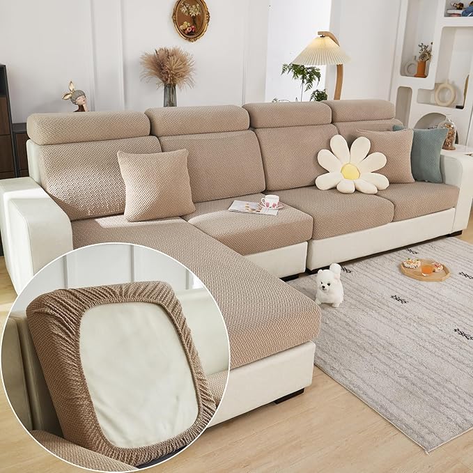 Couch Cushion Covers for Sofa Couch Covers Wear-Resistant Universal Sofa Cover Washable Stretch for Sectional Slipcovers (Texture-Light Coffee,Chaise Cover)