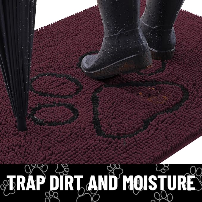 Smiry Dog Door Mat for Muddy Paws, Absorbent Dirt Trapper Non Slip Quick Dry Washable Chenille Mat for Mud Dogs, Entry Rug for Indoor and Outdoor (36x24 Inches, Russet and Black)