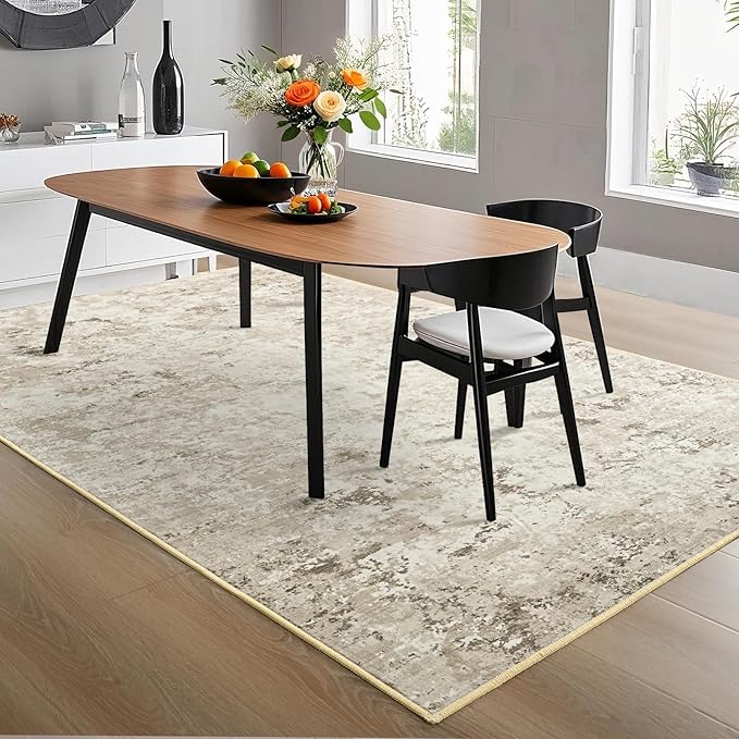 Toneed Abstract Area Rug 7x9 Modern Washable Rug Soft Non Slip Rug Low Pile for Bedroom Living Room Dining Room Beige