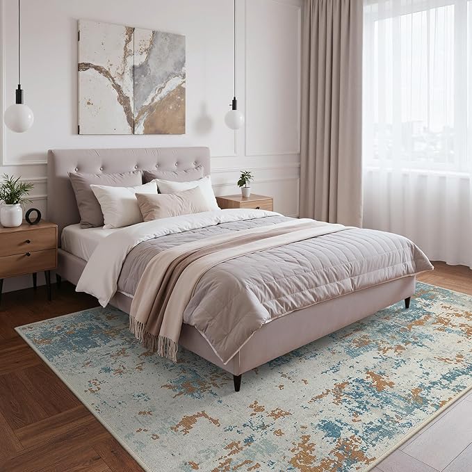BEIMO Area Rugs 5x7 for Living Room Bedroom, Modern Abstract Machine Washable Rug, Large Soft Low Pile Floor Carpet with Non Slip Backing for Dining Room, Teal and Terracotta