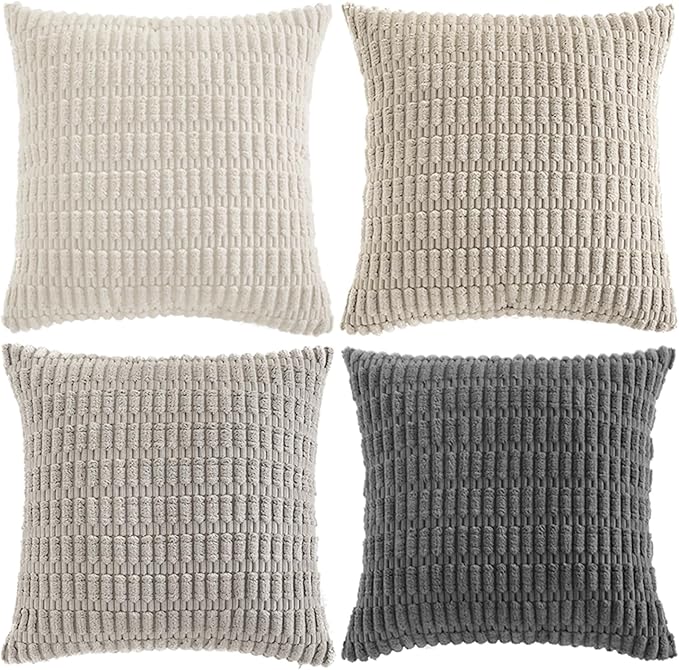 Fancy Homi Set of 4 Grey and White Decorative Throw Pillow Covers 18x18 Inch for Couch Bed Chair, Modern Farmhouse Boho Room Decor, Soft Fuzzy Double Sided Corduroy Textured Striped Cushion Case 45cm