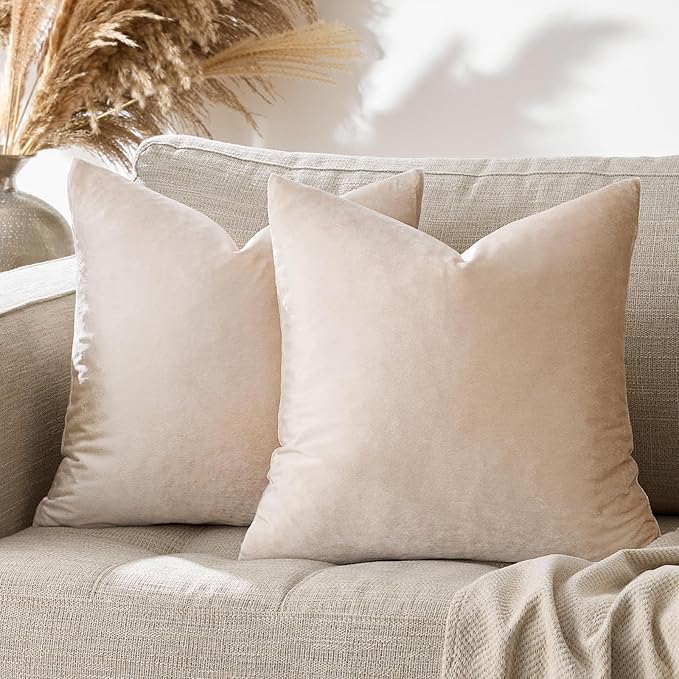 GIGIZAZA 16x16 Beige Pillow Covers: Pack of 2 Champagne Vintage Throw Pillows Super Soft Velvet Covers - Decorative Elegant Square Small Solid Cushion Covers Used for Couch,Living Room,Bedroom