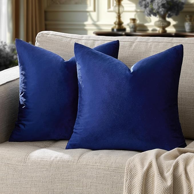 GIGIZAZA Blue Decorative Velvet Pillow Covers, 16x16 Small Square Couch Throw Pillows Solid Pillowcases for Bedroom Set of 2 Home Decor Living Room Super Soft Cushion Covers