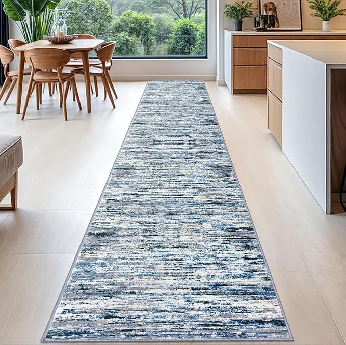 Lansny Modern Abstract Runner Rug 2.6x16, Grey Blue White Washable Long Kitchen Runner Non-Slip Soft Hallway Rug Runner Thin Print Faux Wool Carpet for Entryway Bedroom Laundry Room Indoor Home Decor