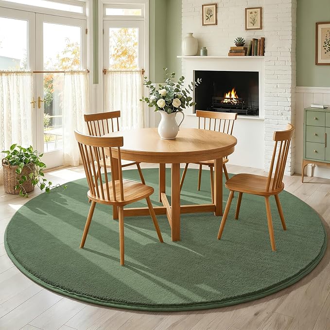 Amearea Sage Green Round Area Rugs 5ft Washable Circle Rugs for Bedroom Living Room, Fluffy Indoor Thickened Memory Foam Rug, Non Slip Minimalist Circular Carpet for Kids Boy Girl Dorm Nursery Room