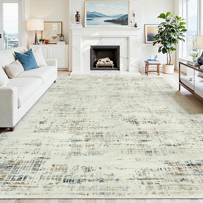 9x12 Area Rugs for Living Room Washable Rug: Anti-Skid Abstract Modern Living Room Rug Soft Thin Carpets Indoor Floor Non-Shedding Carpet for Bedroom Dining Farmhouse Nursery Gray White Blue