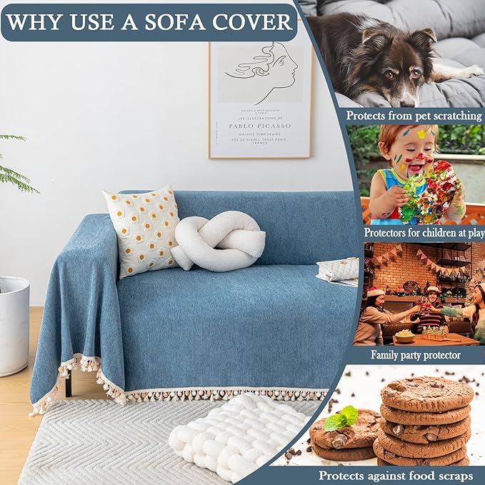 HANDONTIME Couch Slipcover Dog Sofa Covers Boho Couch Cover for Dogs Blue Sofa Throw Cover Bohemian Sofa Covers for 3 Cushion Couch Herringbone Sectional Couch Cover Slipcovers for Sofas, 91" X118"
