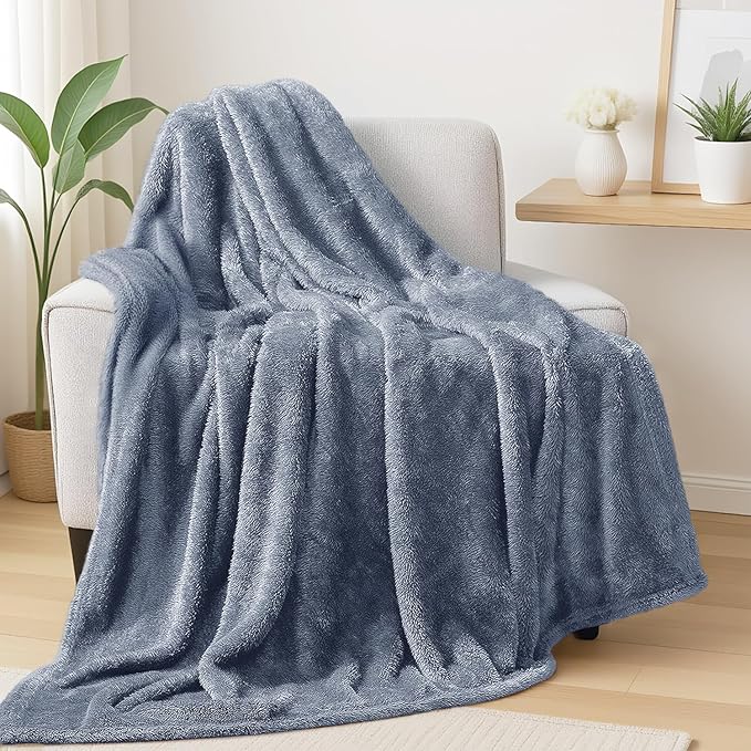 Exclusivo Mezcla Plush Fuzzy Fleece Throw Blanket Extra Large, Super Soft, Fluffy and Warm Blankets for Couch, Bed, All Season (Stone Blue, 50x70 inches)