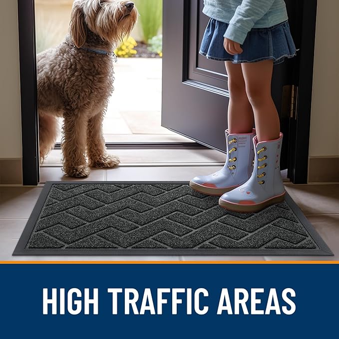 OLANLY Front Door Mat Indoor Outdoor Entrance, Waterproof All-Season, All-Weather Doormat, Sturdy Natural Rubber, Low Profile, Easy Clean Patio Porch Entryway Mat, Herringbone Brick (Black, 59x35)