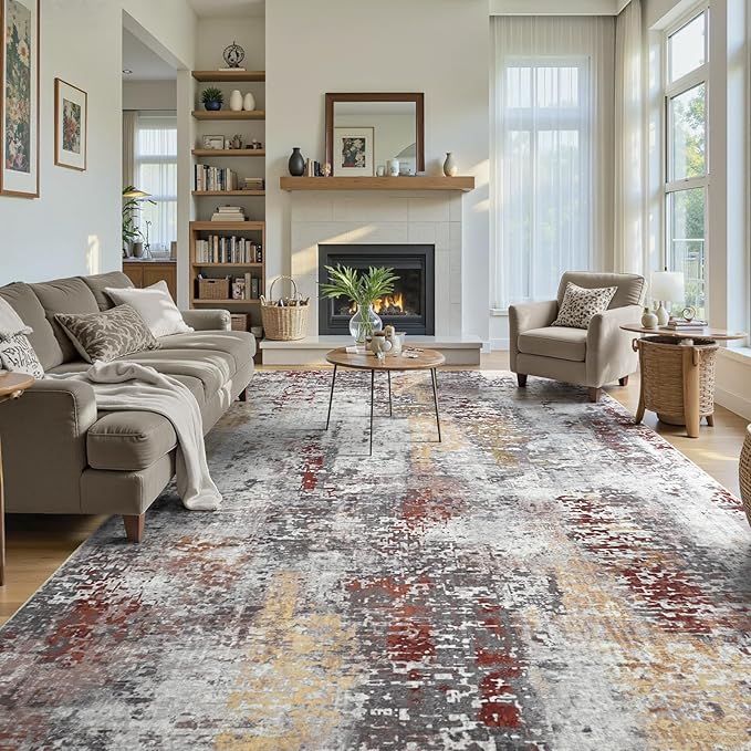 Living Room Rug 7x10 Beige Area Rugs Machine Washable Abstract Boho Large Rug Non-Slip Non-Shedding Faux Wool Indoor Vintage Carpet for Bedroom, Classroom, Dining Room, Kids Playroom