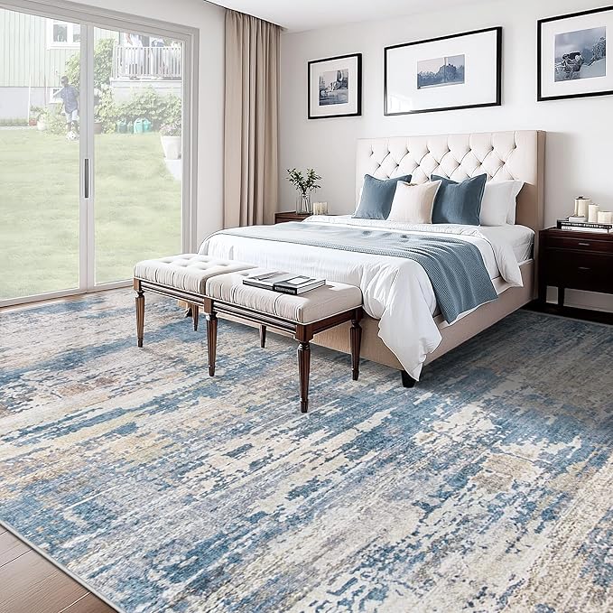 10x14 Area Rugs for Living Room, Washable Modern Abstract Large Area Rug Neutral Soft Non Slip Kids Rug Stain Resistant Indoor Carpet for Bedroom Dining Room Playroom Office(BlueBeige, 10'x14')