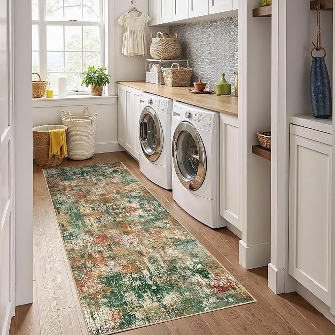 Washable Area Rugs 2'x10' Non-Slip Modern Abstract Soft for Living Room Entryway Bedroom Nursery, Print Pattern, Green Orange Rust Red Cream Colorful