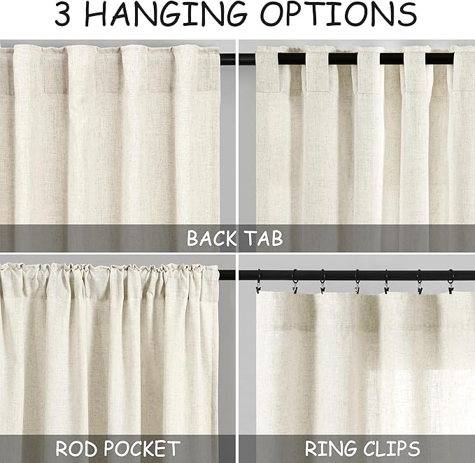 Nanspring Warm Beige Linen Curtains Semi Sheer 96 Inches Long 2 Panels Set for Living Room Back Tab Rod Pocket Light Filtering Drape for Bedroom Modern Farmhouse Coastal Decor Protect Privacy 52x96