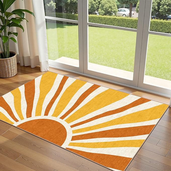 3x5 Boho Entry Rug - Small Washable Indoor Outdoor Mats for Front Door Non-Slip Porch Rug Orange Modern Retro Sun Throw Rugs for Living Room Bedroom Entryway Kitchen Office Porch Decor