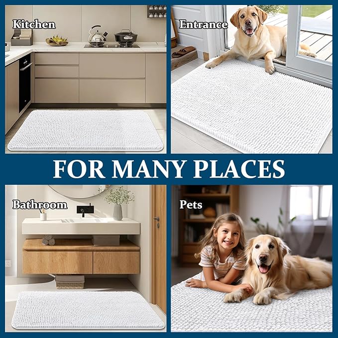 OLANLY Dog Door Mat for Muddy Paws 54x24, Absorbs Moisture and Dirt, Absorbent Non-Slip Washable Doormat, Quick Dry Chenille Mud Mat for Dogs, Entry Indoor Entryway Carpet for Inside Floor, White