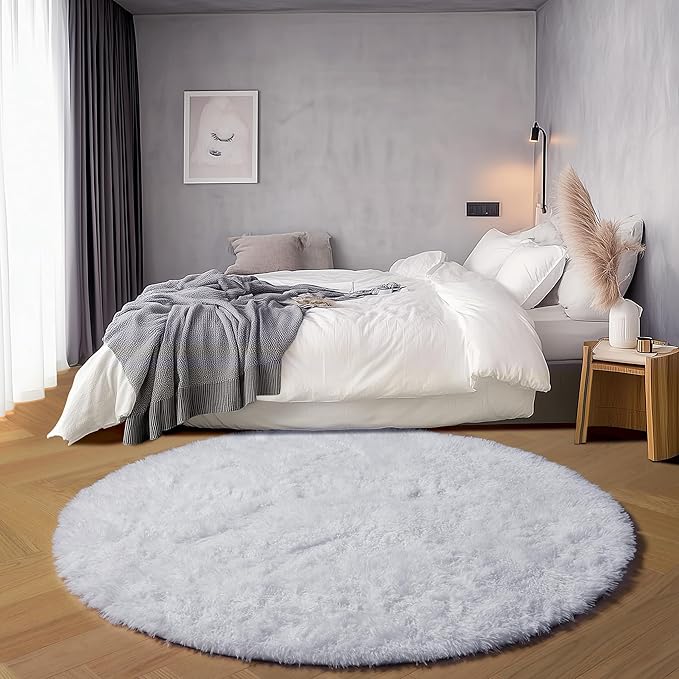 ONASAR White Round Area Rugs 5ft, Soft Bedroom Circle Rug Floor Mat for Kids Girls Boys Teen Room, Fuzzy Plush Shaggy Carpet for Baby Nursery Living Room Playroom Dorm Home Decor