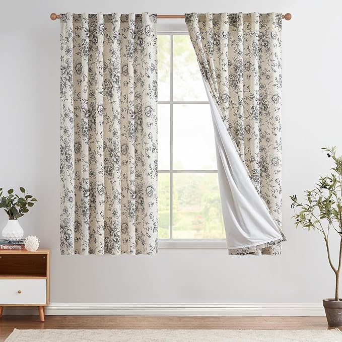 jinchan Lined Linen Blend Curtain Floral Curtains for Living Room 63 Inch Length Black Peony Flower Printed Curtain Back Tab Farmhouse Patterned Drapes Bedroom Window Curtains Set 2 Panels