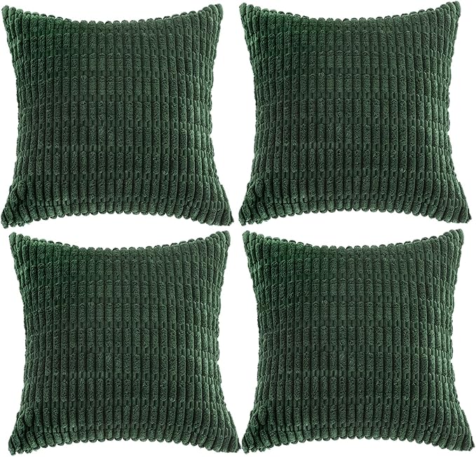 Fancy Homi 4 Packs Hunter Green Decorative Throw Pillow Covers 18x18 Inch for Couch Bed Sofa, Forest Green Boho Home Decor, Soft Plush Corduroy Cute Emerald Green Square Cushion Case 45x45 cm