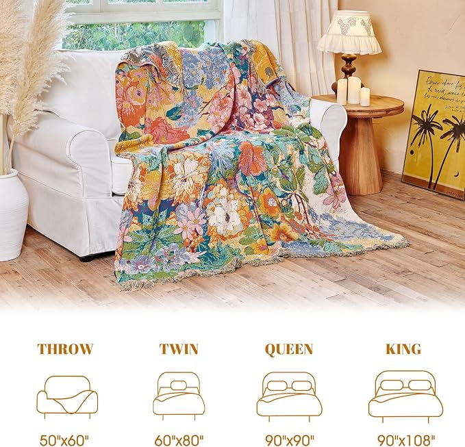 MSGKV Boho Throw Blanket for Bed 60"x80" Cotton Couch Blankets Floral Twin Size Spring Breathable Farmhouse Blankets All Seasons Lightweight Muslin