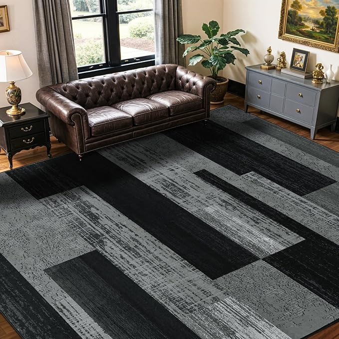 LIANLAM 9x12 Washable Area Rugs for Living Room and Bedroom, Vintage Checkered Pattern Non-Slip Carpet, Stain Resistant Low Pile Soft Rug for Dining Room,Office,Nursery,Kids Room(9x12,Gray)