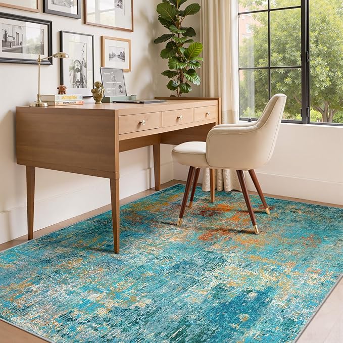Washable Area Rugs 6'x9' Non-Slip Modern Abstract Soft for Living Room Entryway Bedroom Nursery, Print Pattern, Teal Blue Green Orange Rust Red Coloreful