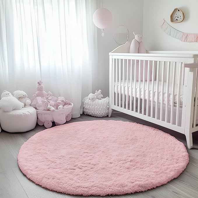 ONASAR Light Pink Round Area Rugs 5ft for Bedroom Living Room, Fluffy Circle Rug for Kids Girls Boys Teen, Soft Plush Shaggy Carpet for Nursery Dorm Classroom Playroom Home Decor Aesthetic