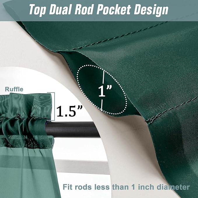 Green Window Sheer Curtains 54 inch Length, Soft Airy Light Filtering Sheer Curtain 2 Panels Set, Dual Rod Pocket Gauze Drapes for Living Room Bedroom, Hunter Green, 2x42Wx54L Inches