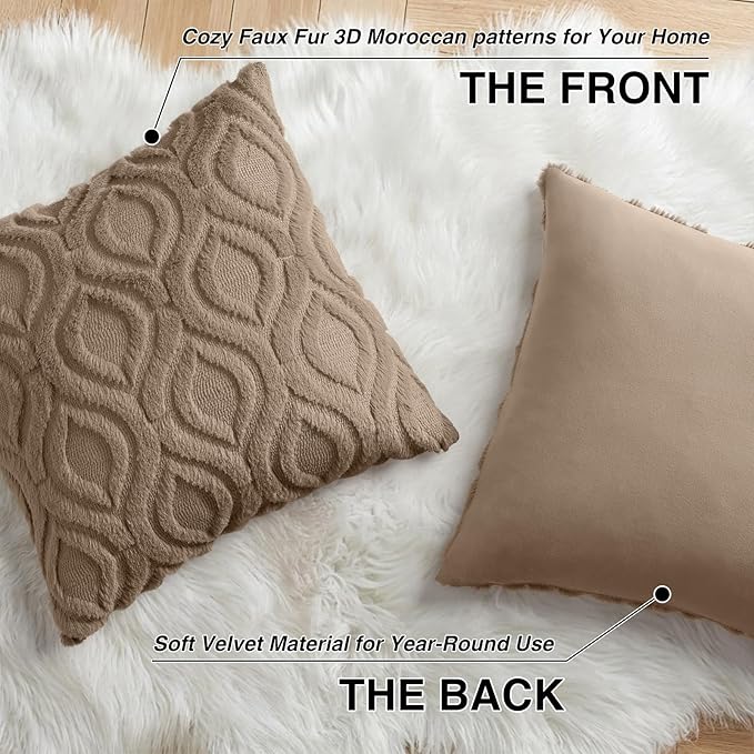 decorUhome Throw Pillow Covers 24x24 Inch Set of 2, Soft Plush Faux Wool Light Brown Solid Couch Pillow Covers, Accent Euro Sham Farmhouse Neutral Square Pillow Cases for Sofa Bed Living Room