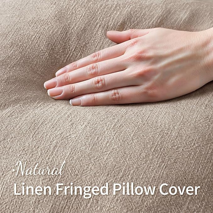 MIULEE Decorative Throw Pillow Covers Neutral Linen Fringe Throw Pillows Set of 2 Natural Linen Boho Farmhouse Cushion Covers with Tassels for Couch Sofa Bed Spring Home Decor 26x26 Inch