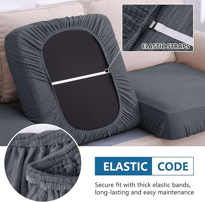 hyha Waterproof Couch Cushion Covers for Pets, Non Slip Sofa Seat Cover for Dogs Washable, Soft Thick Stretch Jacquard Fabric, Sofa Slipcovers with Elastic Bottom (3 Pieces, Grey)