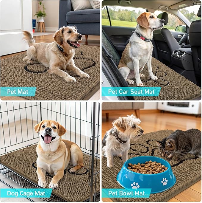 OLANLY Dog Door Mat for Muddy Paws 70x24, Paw Print Design, Absorbs Moisture and Dirt, Absorbent Non-Slip Washable Doormat, Quick Dry Chenille Mud Mat for Dogs, Entry Indoor Entryway Carpet, Tan